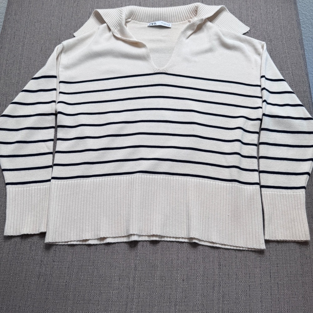 Zara Womens Striped Sailor Collar Knit Sweater Cream Navy Blue V-Neck Small
